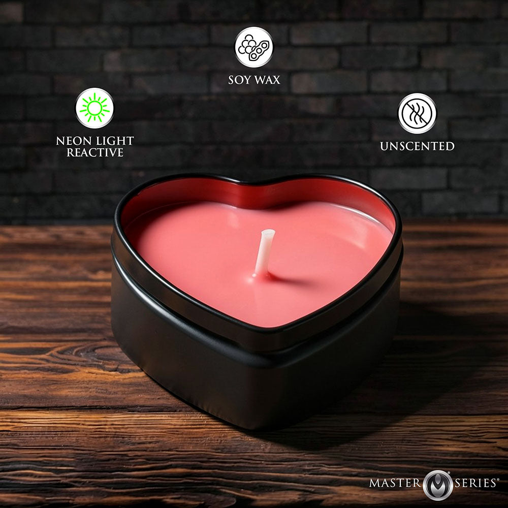 XR BRANDS - CONJUNTO DE 3 VELAS EM FORMA DE CORAÇÃO COM EFEITO DE GOTAS, REACTIVAS À LUZ NEGRA UV, MASTER SERIES