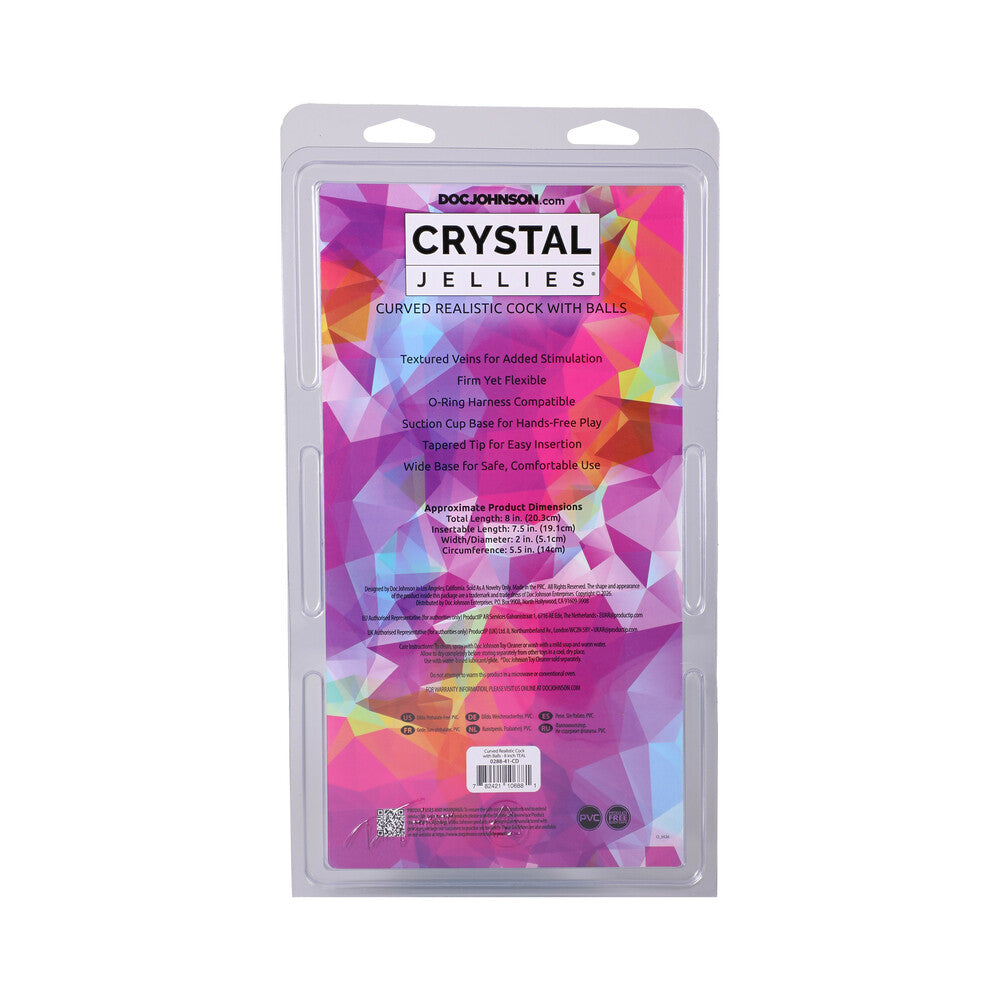 DOC JOHNSON - CRYSTAL JELLIES CURVED REALISTIC DILDOS WITH BALLS 8 IN. TEAL