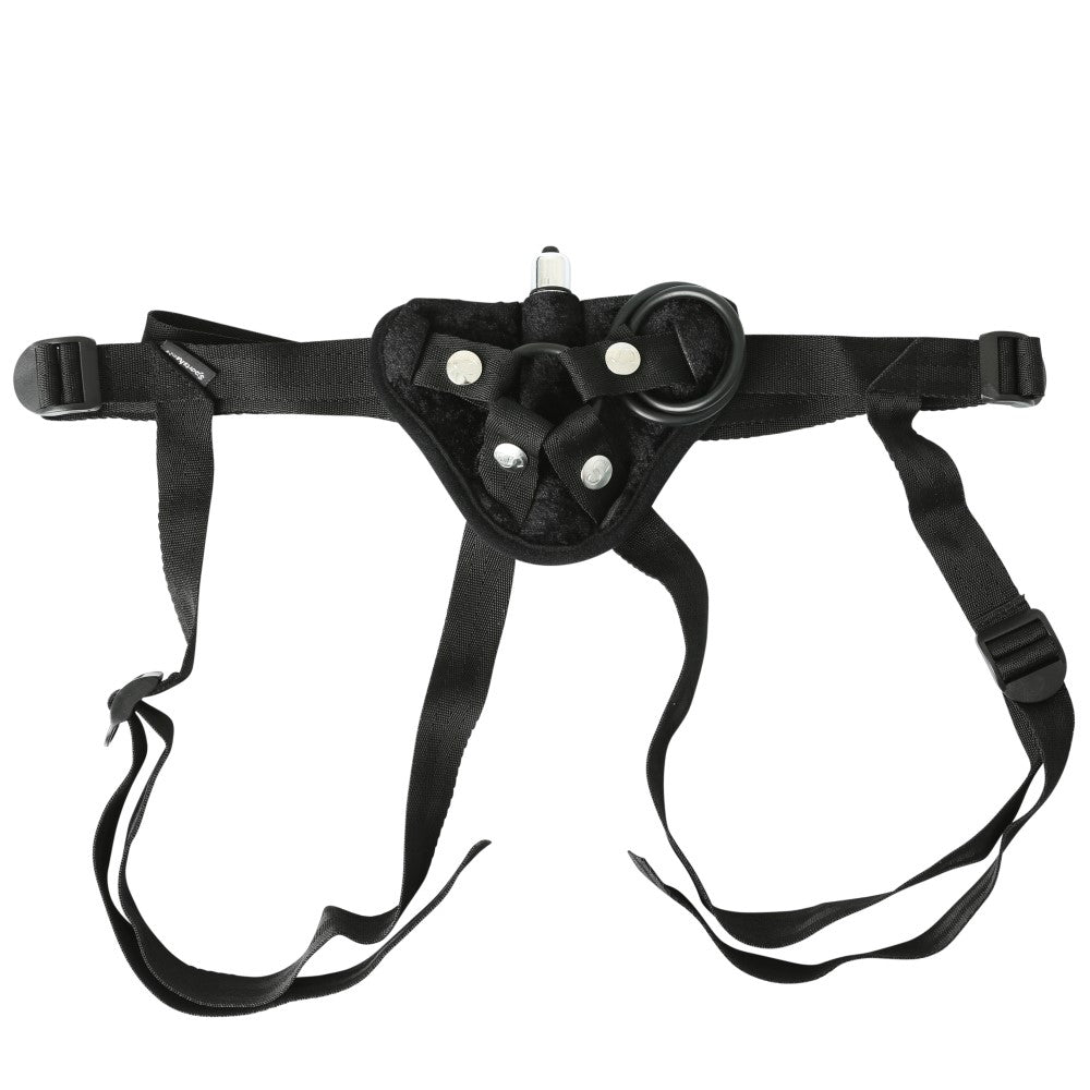 SPORTSHEETS - ADJUSTABLE VIBRATING BLACK VELVET STRAP-ON HARNESS