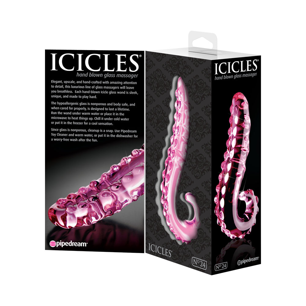 PIPEDREAM - ICICLES N.º 24 DILDO DE VIDRO CURVO TEXTURIZADO DE 15 CM COM PEGA COR-DE-ROSA