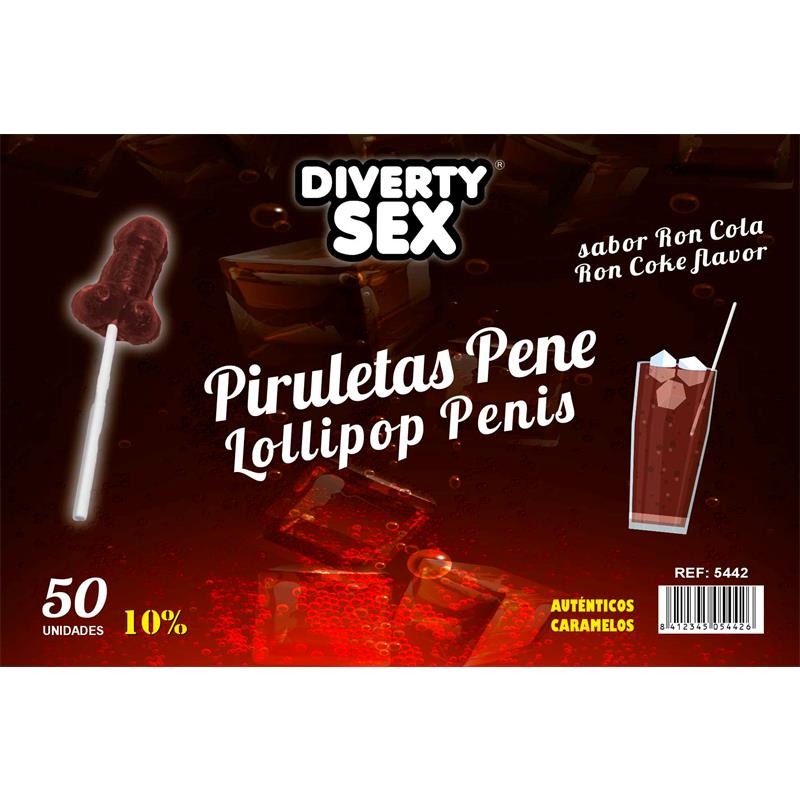 DIVERTY SEX - 50 PIRULETAS FORMA PENE SABOR RON COLA 10% ALCOHOL