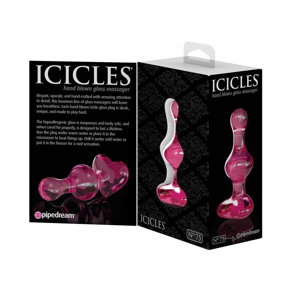 PIPEDREAM - ICICLES N.º 75 MASSAGUADOR DE VIDRO COM CONTAS E BASE EM FORMA DE CORAÇÃO ROSA