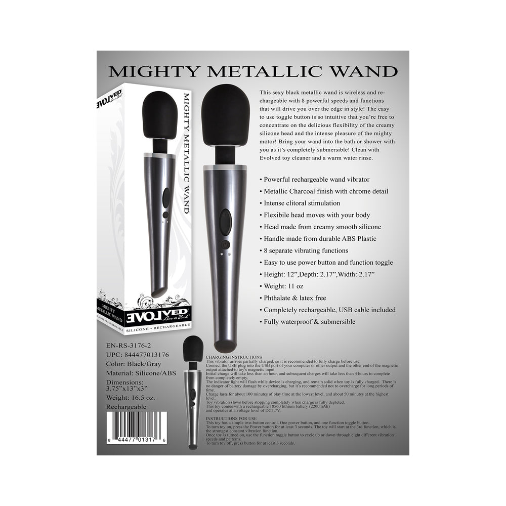 EVOLVED - MIGHTY METALLIC WAND VIBRADOR DE VARINHA RECARREGÁVEL EM SILICONE CROMO/PRETO