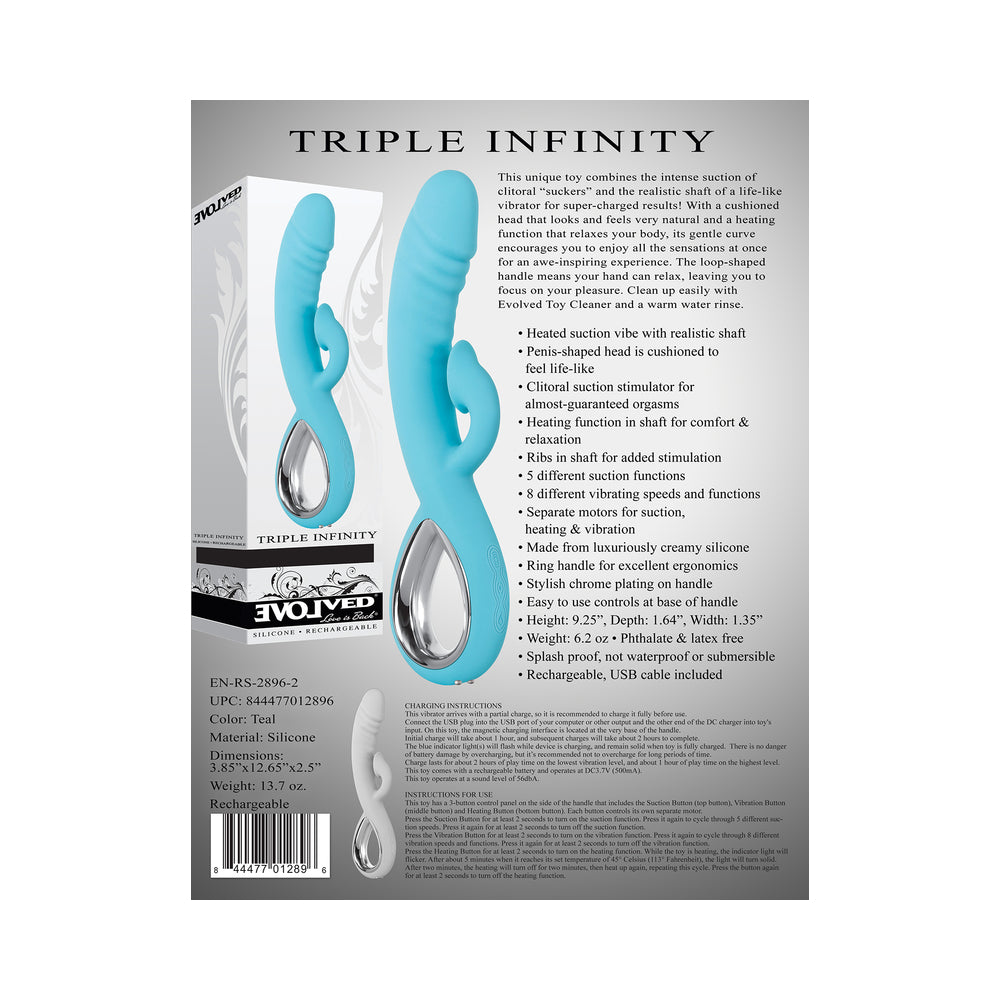 EVOLVED - TRIPLE INFINITY RECHARGEABLE HEATING SUCTION SILICONE DUAL STIMULATOR BLUE