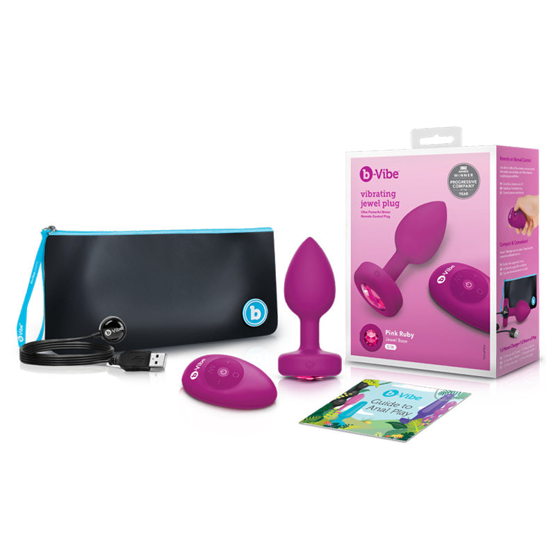 B-VIBE - VIBRATING JEWEL RECHARGEABLE REMOTE-CONTROLLED ANAL PLUG WITH GEM BASE PINK RUBY SMALL/MEDIUM