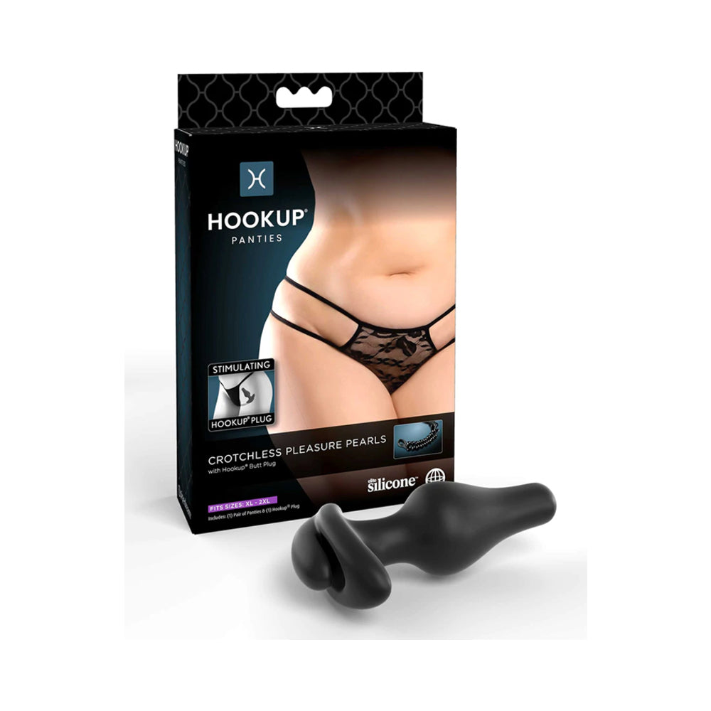 PIPEDREAM - CUEIROS HOOKUP SEM FUNDILHO COM PÉROLAS DE PRAZER E PLUG ANAL EM SILICONE PRETO XL-XXL