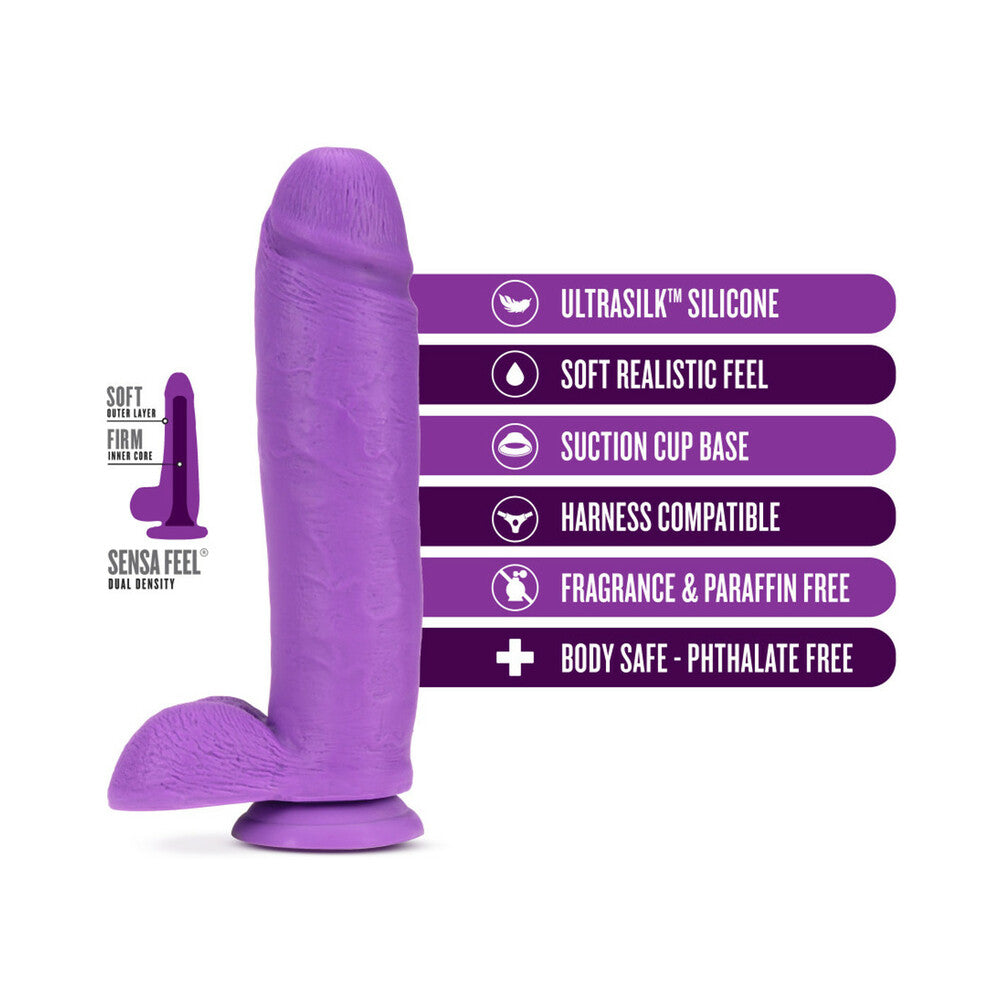 BLUSH - NEO ELITE 10 IN. SILICONE DUAL DENSITY DILDO WITH BALLS & SUCTION CUP NEON PURPLE