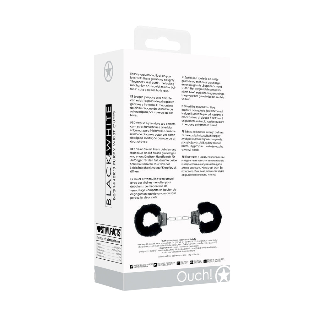 SHOTS - OUCH! BLACK & WHITE PLEASURE FURRY HANDCUFFS WITH QUICK-RELEASE BUTTON