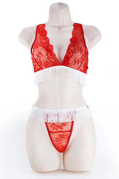 EXPOSED - LACE BRA & G W/FRINGE RED 2XL