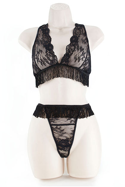 EXPOSED - LACE BRA & G W/FRINGE BLACK 2XL