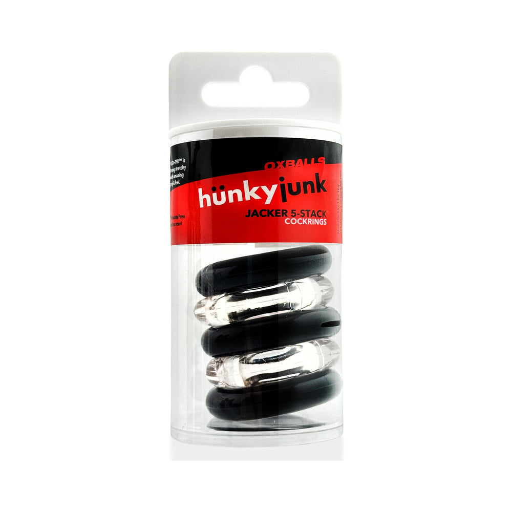 OXBALLS - HUNKYJUNK JACKER 5-STACK EMBALAGEM DE CINCO ANÉIS PÉNIS SUPER-RESISTENTES TRANSPARENTE/PRETO
