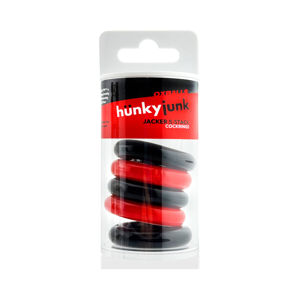 OXBALLS - HUNKYJUNK JACKER 5-STACK PACK DE CINCO ANEIS PENIANOS SUPER-RESISTENTES VERMELHO/PRETO
