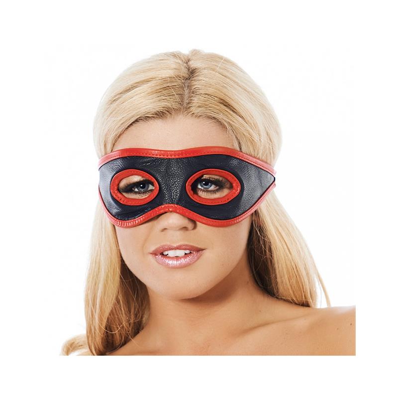 BONDAGE PLAY - ANTIFAZ CUERO CON ABERTURAS EN LOS OJOS ROJO Y NEGRO