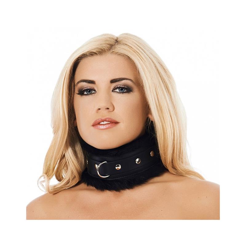 BONDAGE PLAY - COLLAR ANCHO CUERO Y PELO ARTIFICIAL