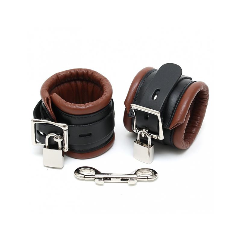 BONDAGE PLAY - ESPOSAS PARA PIES CUERO NEGRO Y MARRÓN 7CM CANDADOS