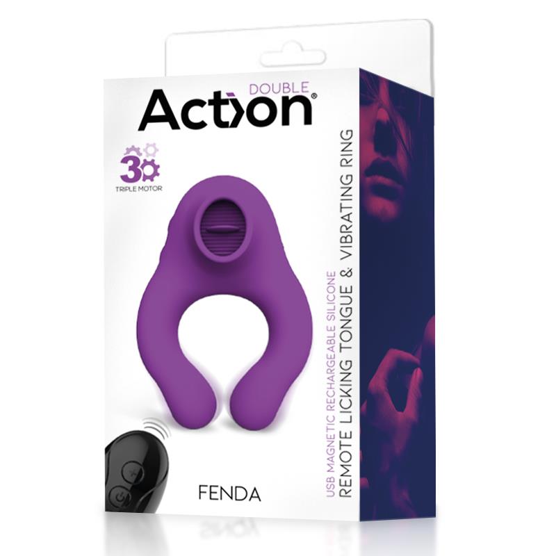 ACTION - FENDA ANILLO VIBRADOR CON LENGUA ESTIMULADOR Y CONTROL REMOTO 3 MOTORES USB MAGNÉTICO