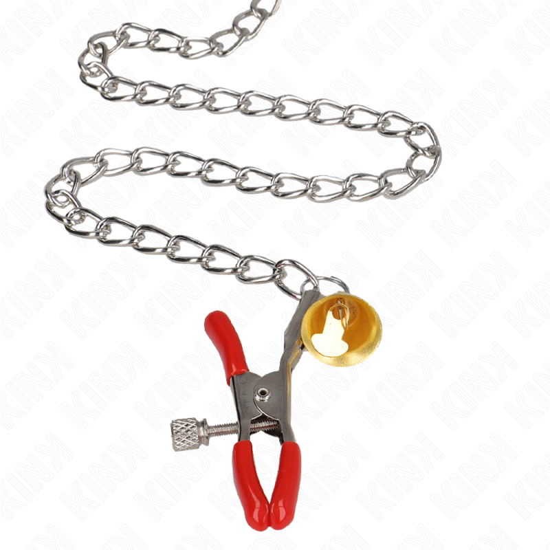 KINK - RED NIPPLE AND CLITORIS CLAMPS WITH GOLD BELL AND CHAIN 30 CM