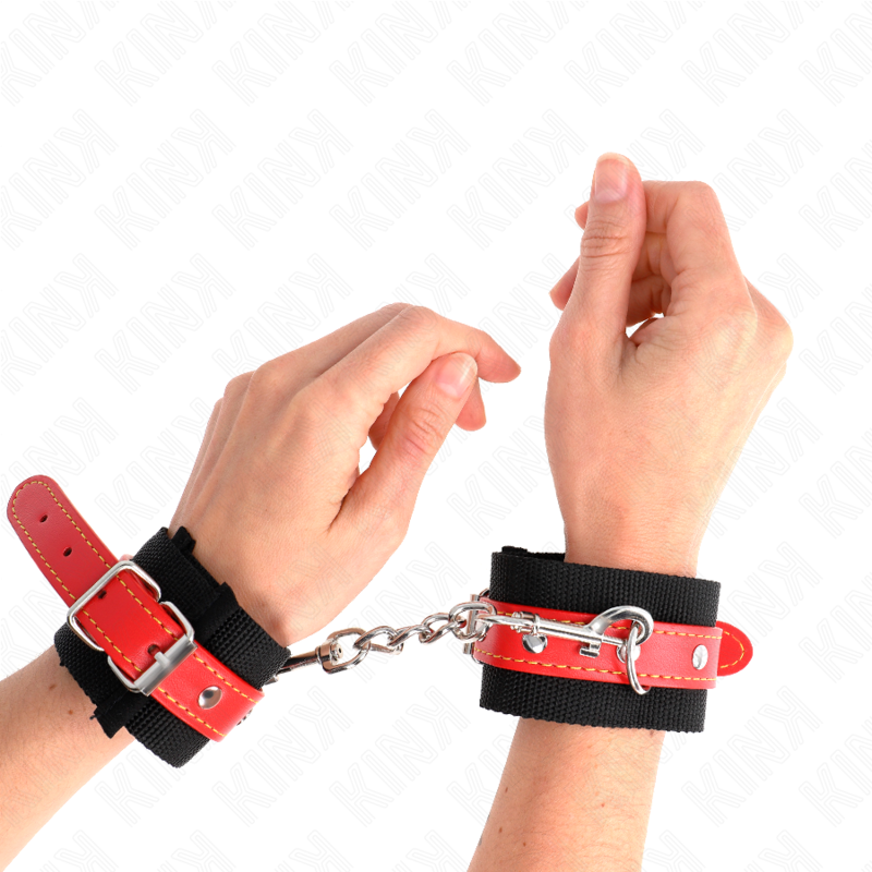 KINK - BLACK NYLON WRISTBANDS WITH ADJUSTABLE RED FAUX LEATHER STRAP 19-24 CM X 5.5 CM