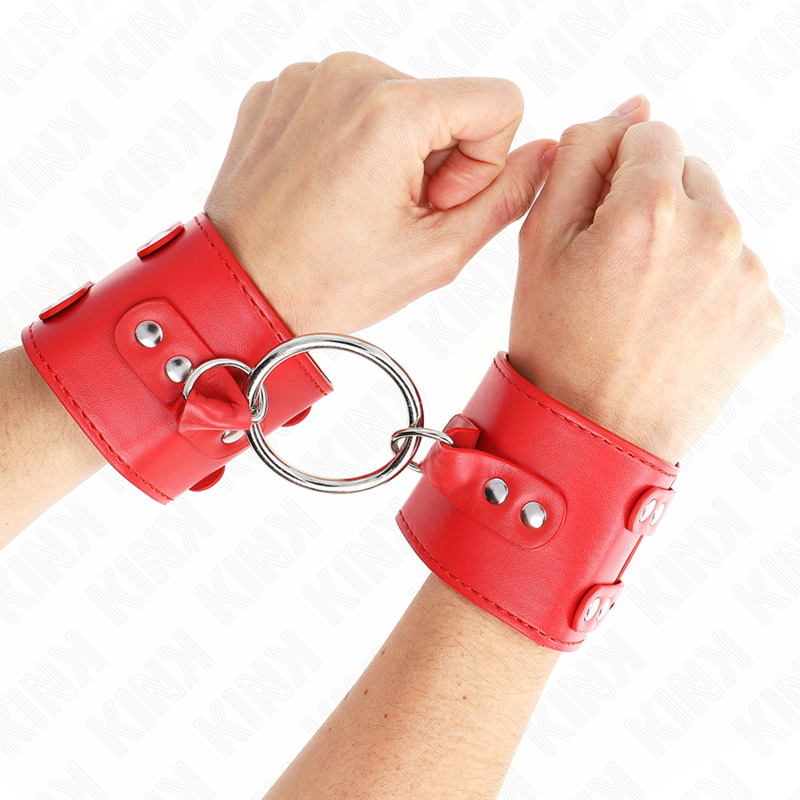 KINK - Fixed Wristbands with Ring and Studs, Red, Adjustable, 17-22 cm x 6.5 cm