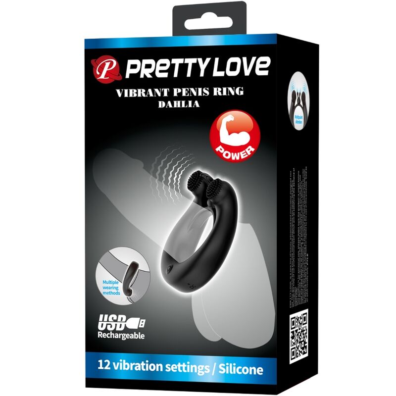 PRETTY LOVE - DAHLIA VIBRATING RING + CLITOIS STIMULATOR 12 VIBRATIONS BLACK