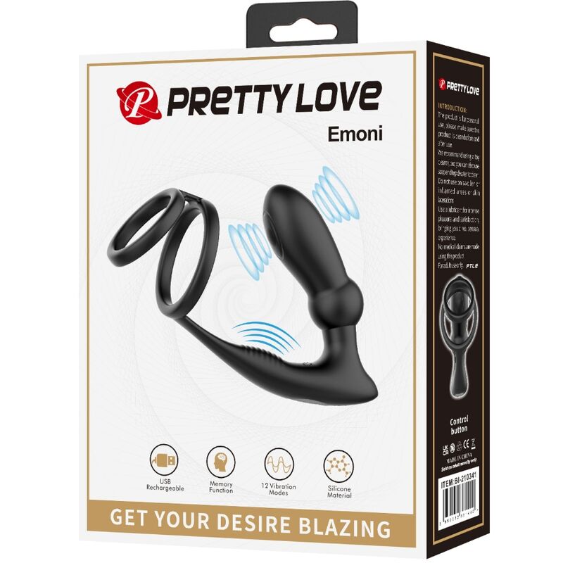 Pretty Love - Emoni Penis Ring + Plug Anal 12 Vibracions Negre