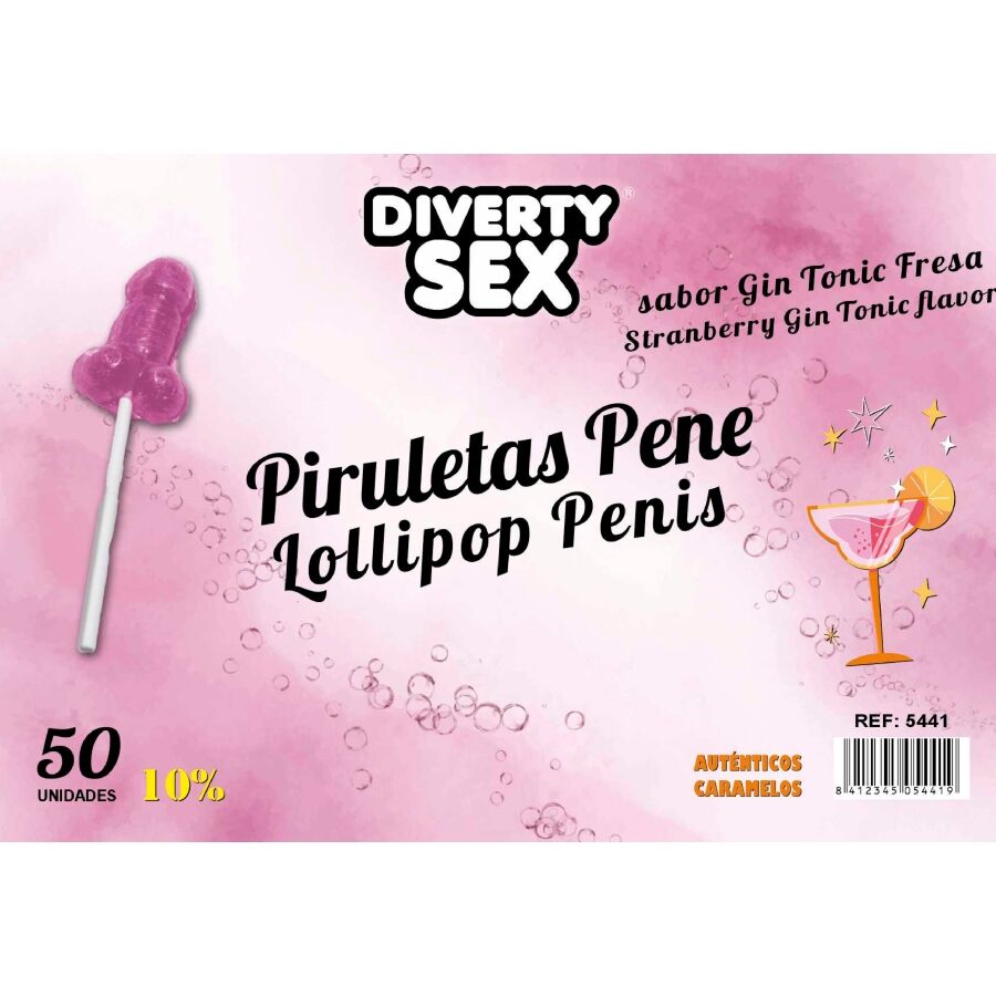 DIABLO GOLOSO - 50 PIRULETAS PENE GIN TONIC FRESA 10% ALCOHOL