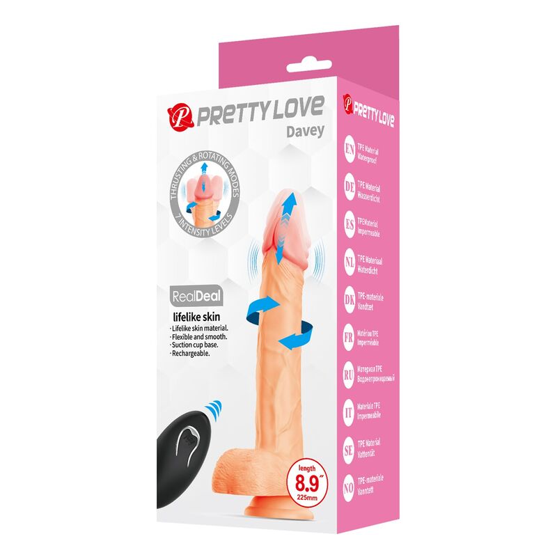 PRETTY LOVE - DAVEY DILDO VIBRADOR COM MOVIMENTO DE IMPULSO E ROTAÇÃO CONTROLO REMOTO 22,5 CM Ø 4,8 CM COR NATURAL