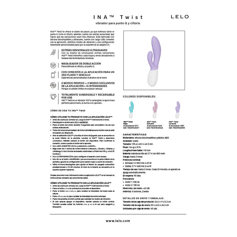 LELO - INA TWIST VIBRADOR RABBIT PUNTO G Y CLÍTORIS LAVANDA