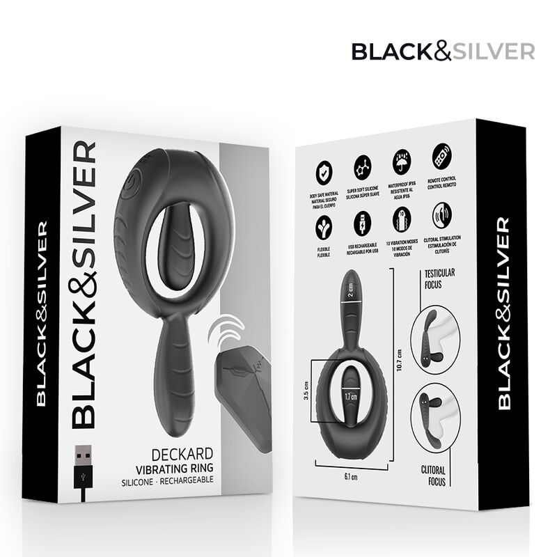 BLACK & SILVER - DECKARD ANILLO VIBRADOR RECARGABLE CON CONTROL REMOTO NEGRO