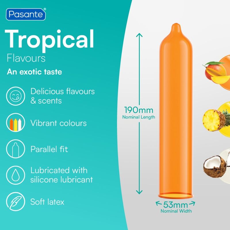 PASANTE - TROPICAL PRESERVATIVOS CON SABORES MANGO PIÑA Y COCO 53 MM 144 UNIDADES