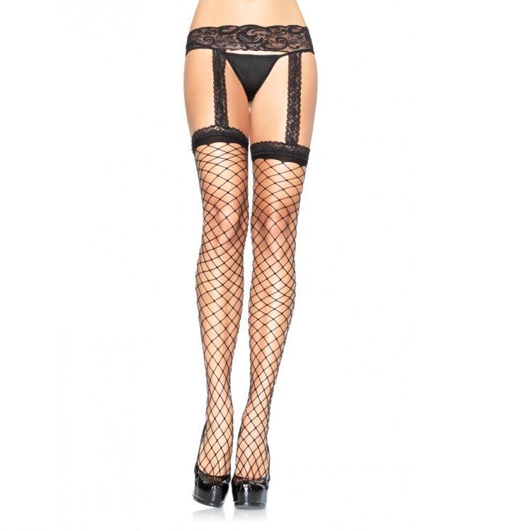 LEG AVENUE - BLACK LACE GARTER FISHNET STOCKINGS