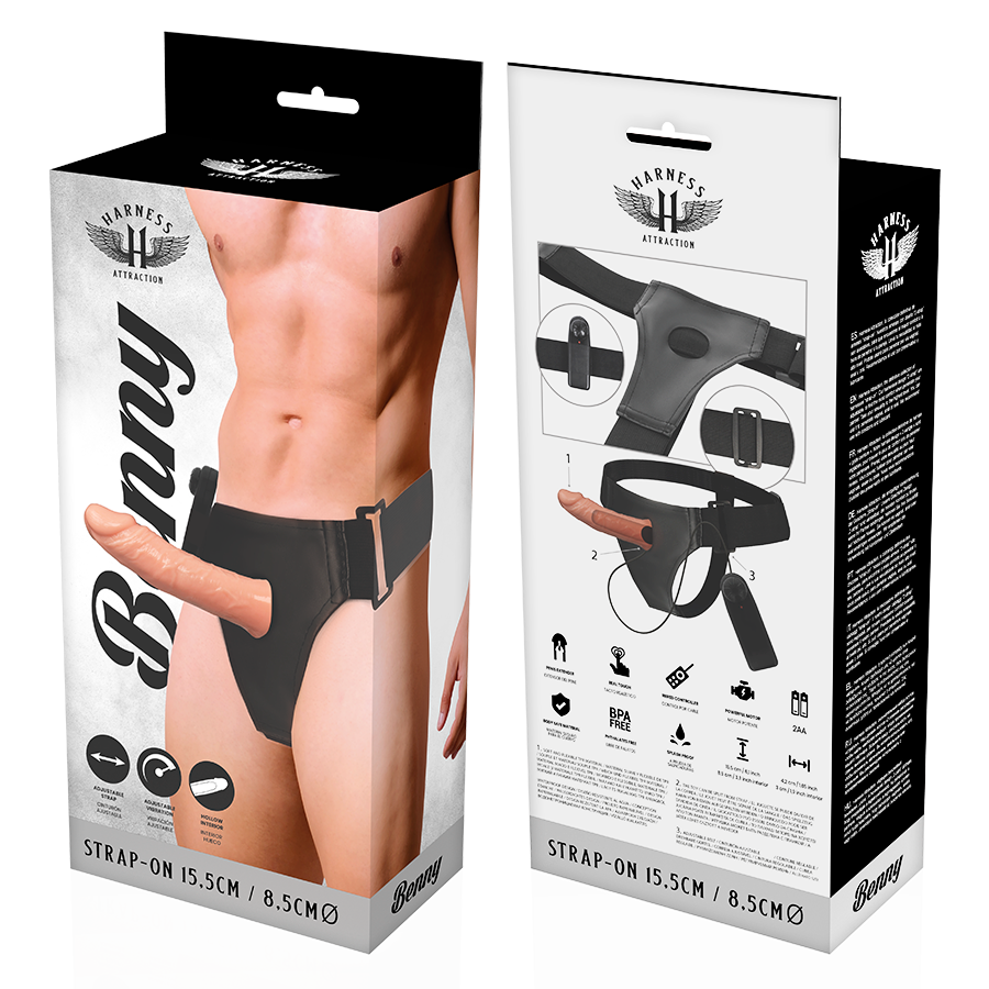 ARNÊS DE ATRAÇÃO - ARNÊS VAZADO BENNY COM VIBRADOR 15 CM -O- 4,5 CM