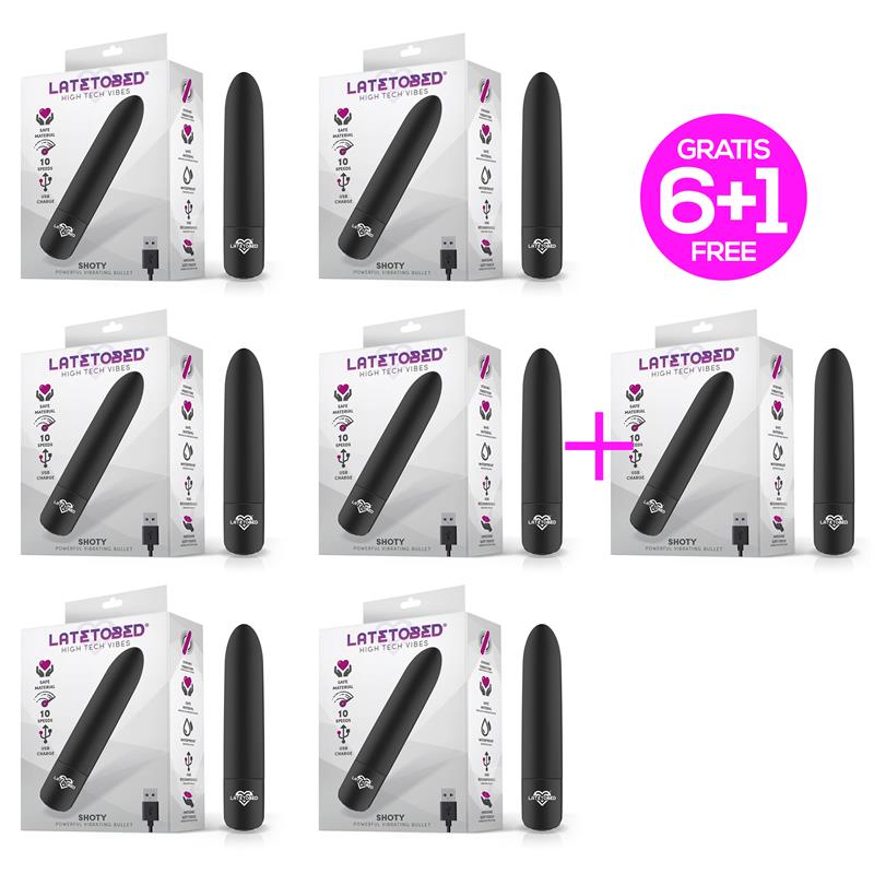 LATETOBED - PACK 6 +1 SHOTY BALA VIBRADORA USB 10 VELOCIDADES POTENTE MOTOR NEGRO