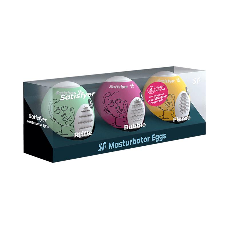 SATISFYER - SET 3 HUEVOS MASTURBADOR RIFFLE, BUBBLE Y FIERCE