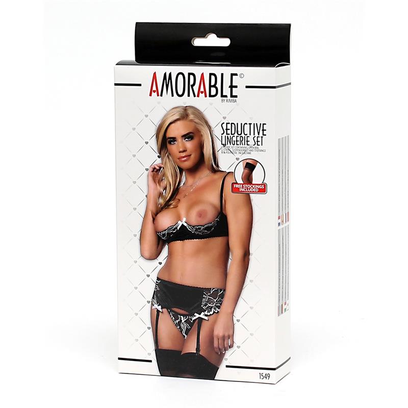 AMORABLE - SET 4 PIEZAS SUJETADOR ABIERTO, TANGA, LIGERO Y MEDIAS
