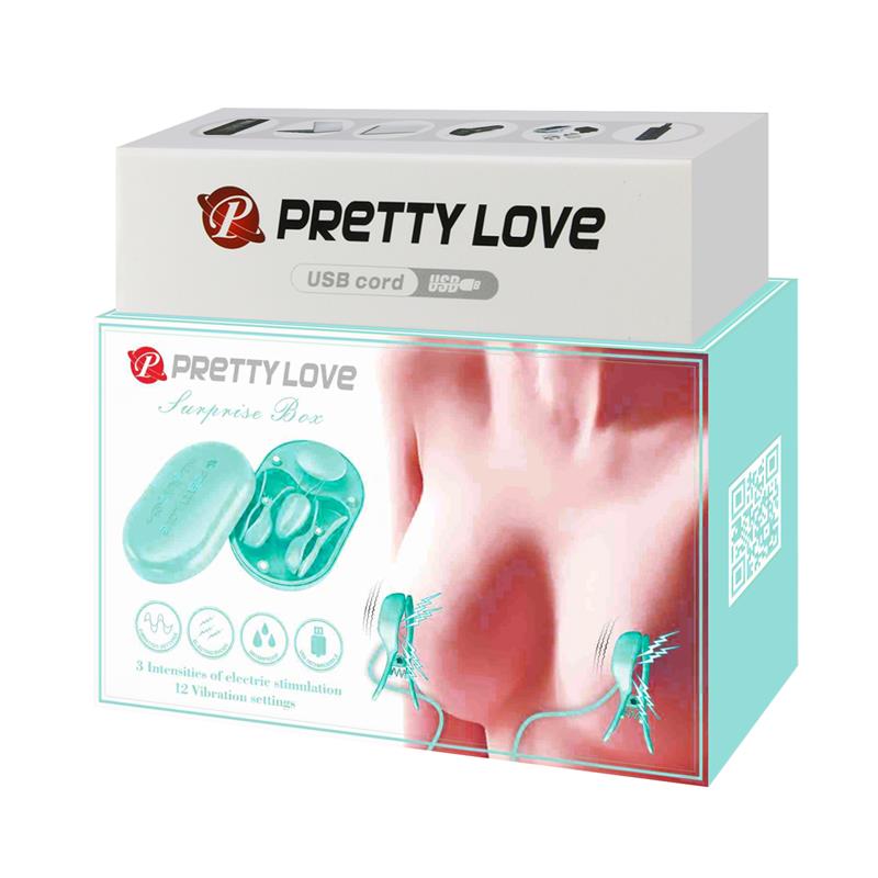 PRETTYLOVE - SURPRISE BOX HUEVO VIBRADOR Y PINZAS PARA PEZONES CON ELECTRO ESTIMULACIÓN AZUL