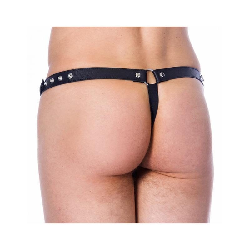 BONDAGE PLAY - TANGA DE CUERO AJUSTABLE CON ABERTURA