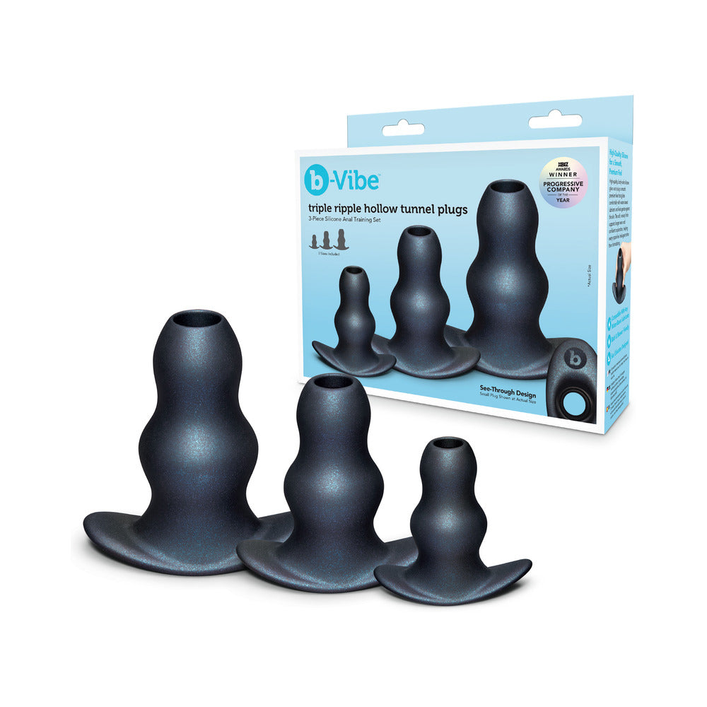 B-VIBE - CONJUNTO DE TREINO ANAL DE 3 PEÇAS TRIPLE RIPPLE HOLLOW TUNNEL PLUGS EM SILICONE