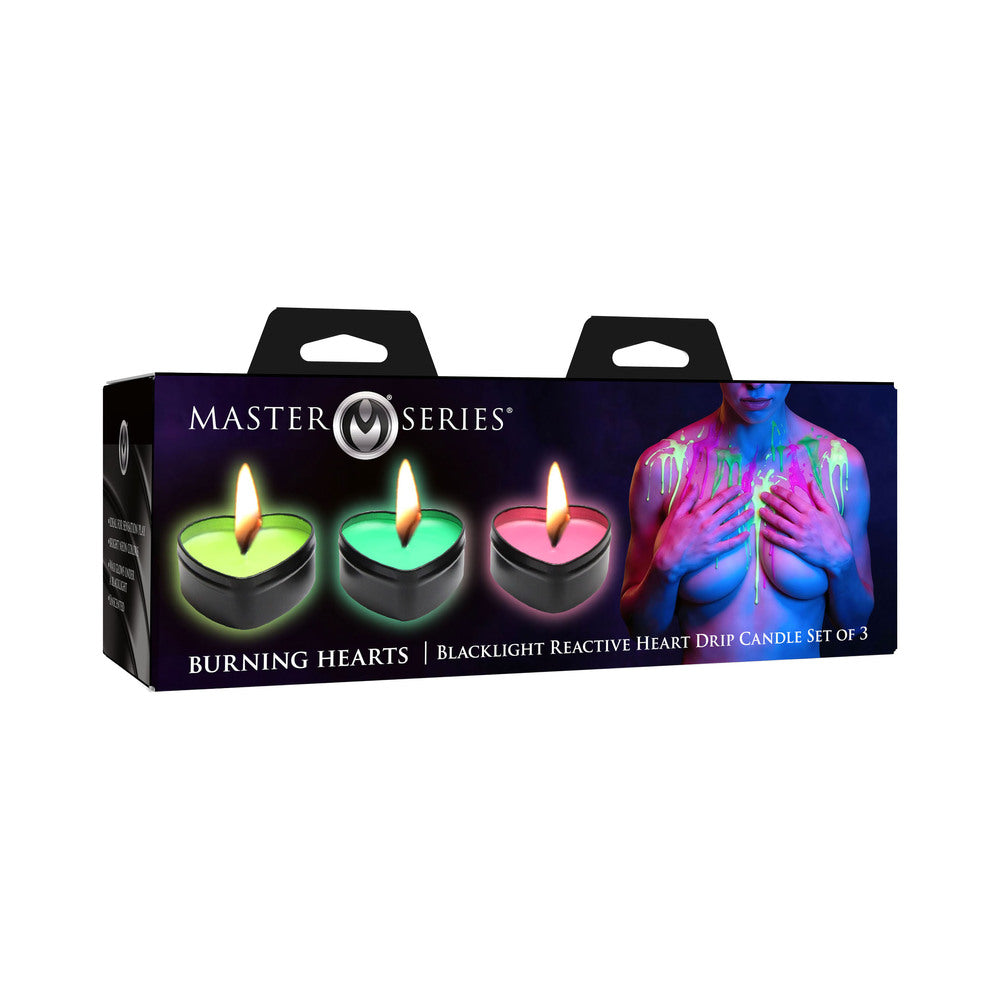 XR BRANDS - CONJUNTO DE 3 VELAS EM FORMA DE CORAÇÃO COM EFEITO DE GOTAS, REACTIVAS À LUZ NEGRA UV, MASTER SERIES