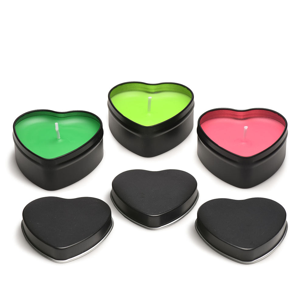 XR BRANDS - CONJUNTO DE 3 VELAS EM FORMA DE CORAÇÃO COM EFEITO DE GOTAS, REACTIVAS À LUZ NEGRA UV, MASTER SERIES