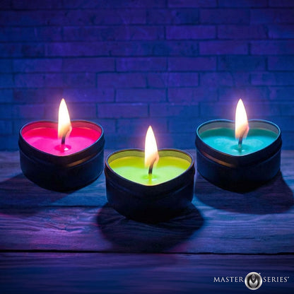 XR BRANDS - CONJUNTO DE 3 VELAS EM FORMA DE CORAÇÃO COM EFEITO DE GOTAS, REACTIVAS À LUZ NEGRA UV, MASTER SERIES