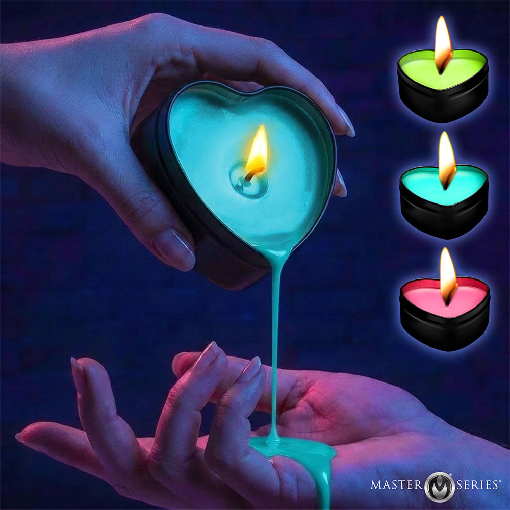 XR BRANDS - CONJUNTO DE 3 VELAS EM FORMA DE CORAÇÃO COM EFEITO DE GOTAS, REACTIVAS À LUZ NEGRA UV, MASTER SERIES