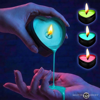 XR BRANDS - CONJUNTO DE 3 VELAS EM FORMA DE CORAÇÃO COM EFEITO DE GOTAS, REACTIVAS À LUZ NEGRA UV, MASTER SERIES