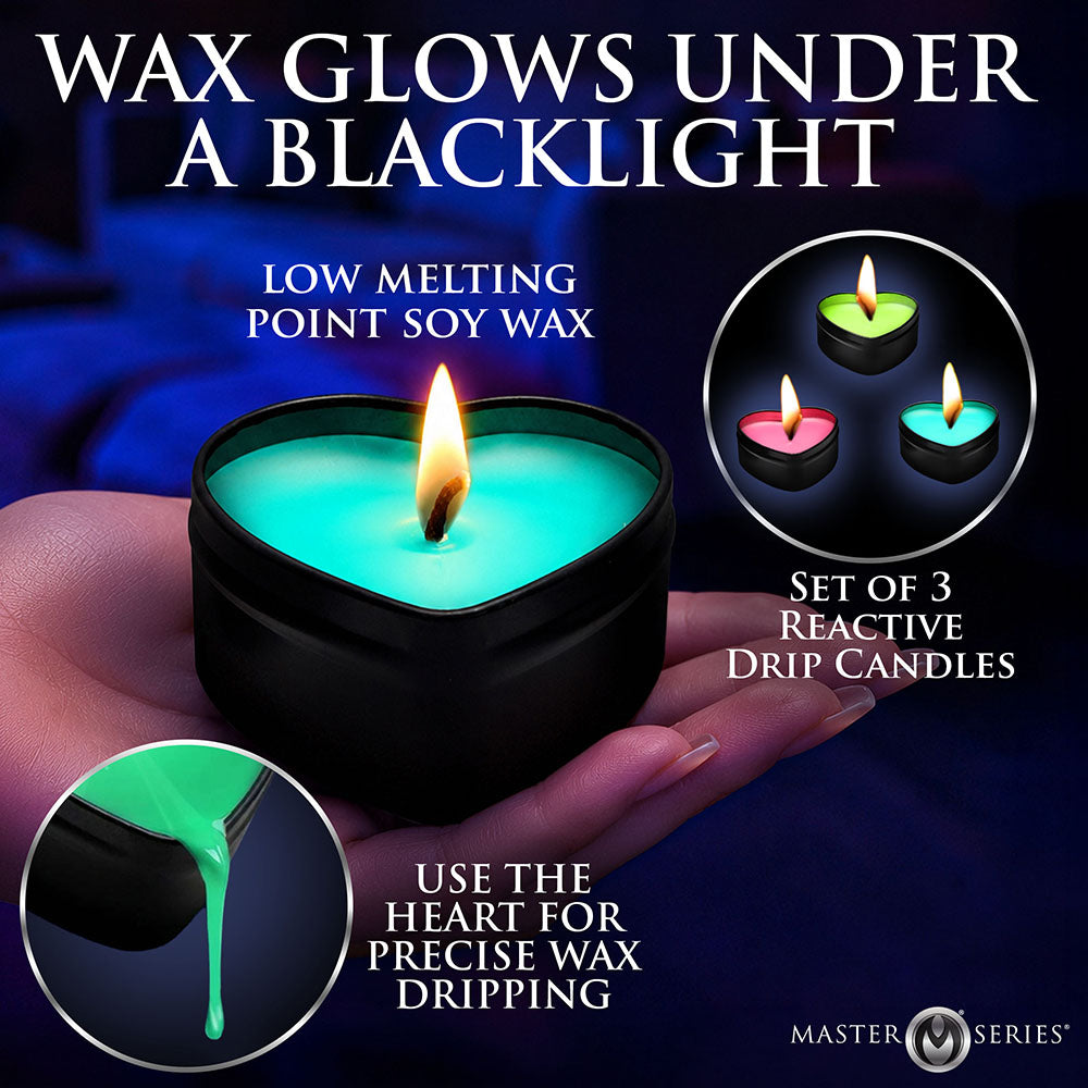 XR BRANDS - CONJUNTO DE 3 VELAS EM FORMA DE CORAÇÃO COM EFEITO DE GOTAS, REACTIVAS À LUZ NEGRA UV, MASTER SERIES