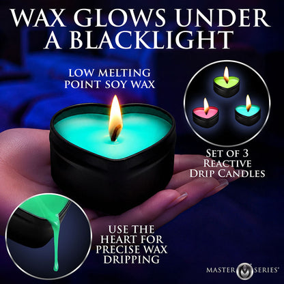 XR BRANDS - CONJUNTO DE 3 VELAS EM FORMA DE CORAÇÃO COM EFEITO DE GOTAS, REACTIVAS À LUZ NEGRA UV, MASTER SERIES