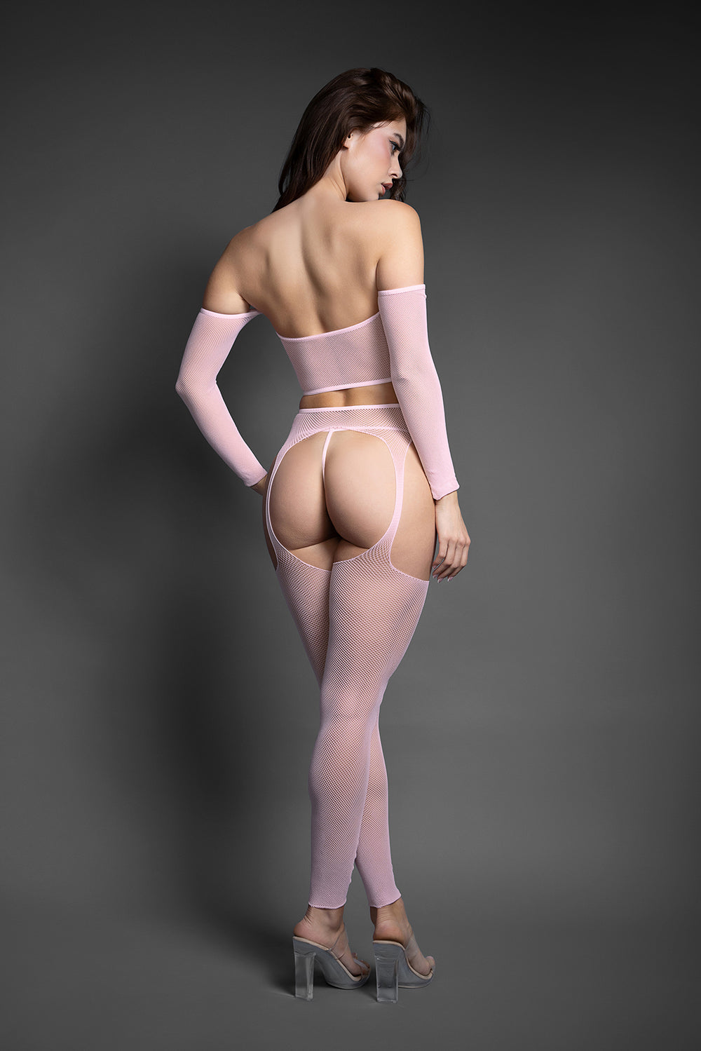 FANTASY LINGERIE - CONJUNTO SHEER CRYSTAL CLUB: TOP DE OMBROS DESCOBERTOS E MEIAS LIGUEIROS SEM PÉS COM FIO DENTAL, TAMANHO ÚNICO