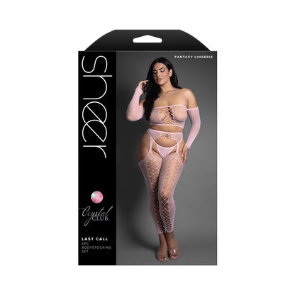 FANTASY LINGERIE - CONJUNTO DE TOP COM OMBROS DESCOBERTOS SHEER CRYSTAL CLUB E MEIAS COM LIGAS SEM PÉ COM FIO-DENTAL TAMANHO QUEEN