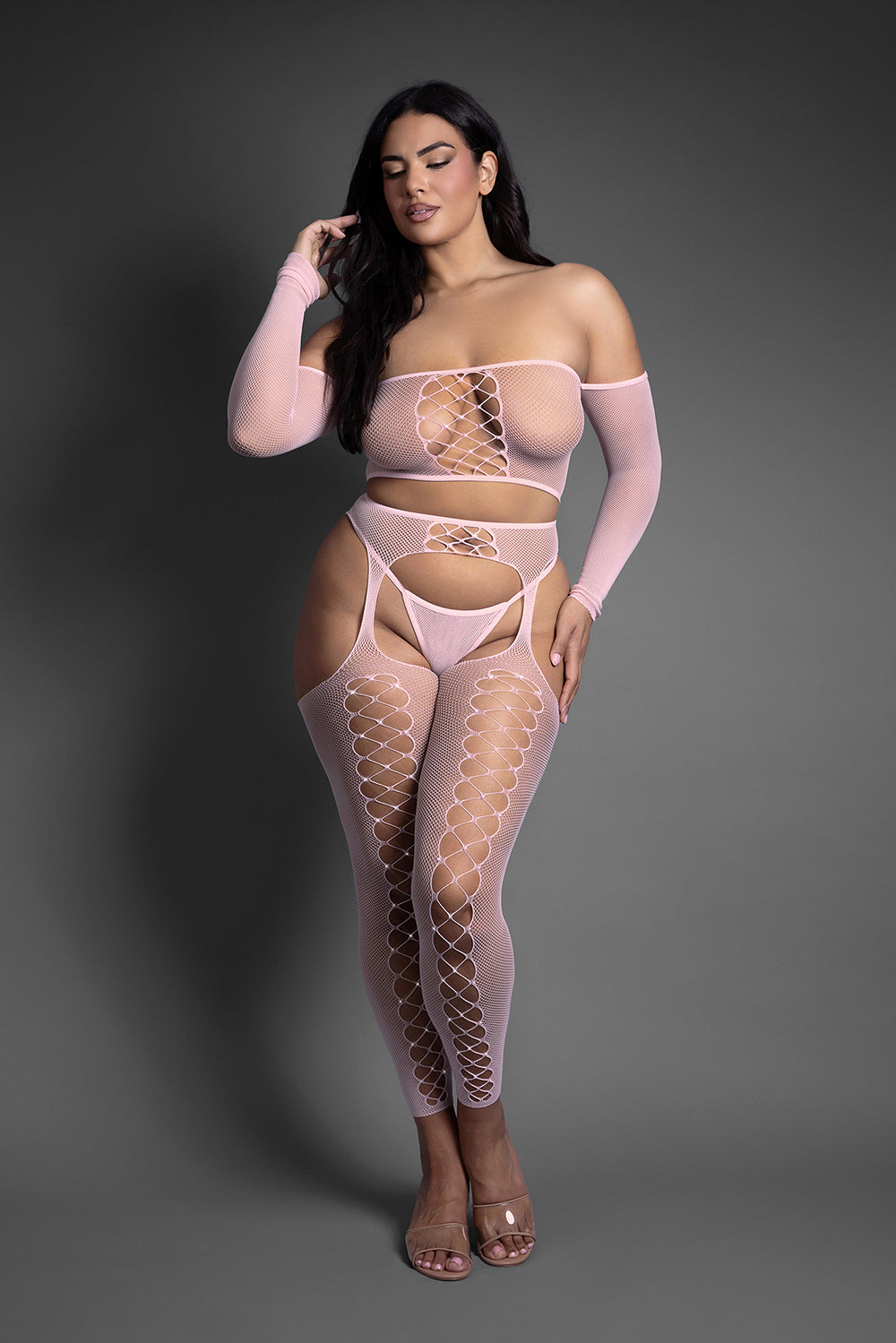 FANTASY LINGERIE - CONJUNTO DE TOP COM OMBROS DESCOBERTOS SHEER CRYSTAL CLUB E MEIAS COM LIGAS SEM PÉ COM FIO-DENTAL TAMANHO QUEEN