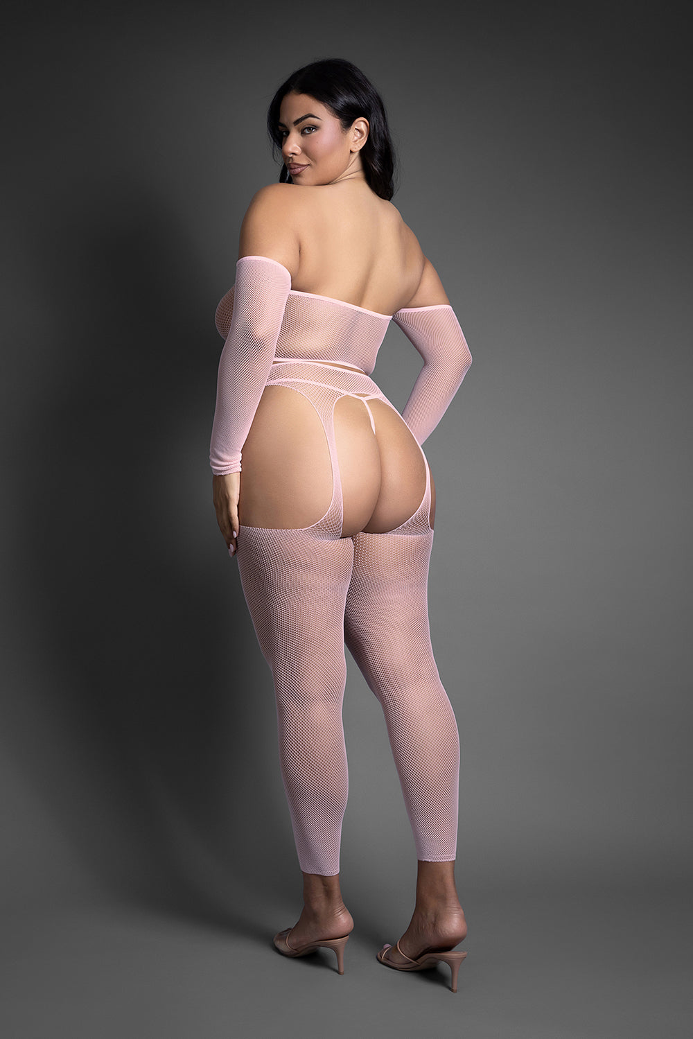 FANTASY LINGERIE - CONJUNTO DE TOP COM OMBROS DESCOBERTOS SHEER CRYSTAL CLUB E MEIAS COM LIGAS SEM PÉ COM FIO-DENTAL TAMANHO QUEEN