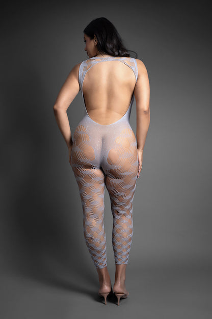 FANTASY LINGERIE - SHEER CRYSTAL CLUB BODYSTOCKING TRANSPARENTE SEM PÉS E COM COSTAS ABERTAS TAMANHO QUEEN